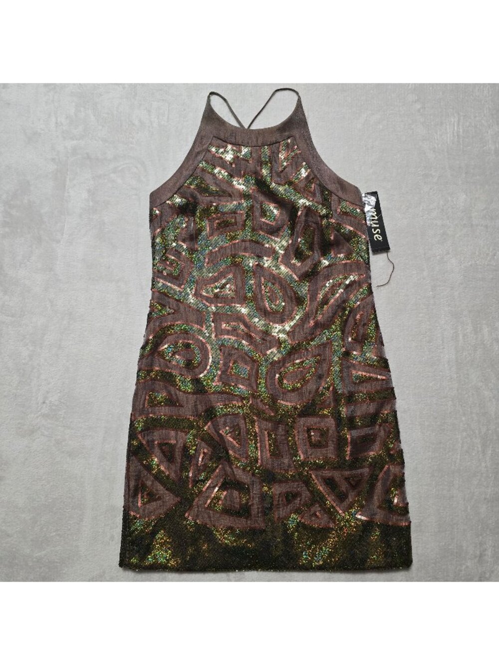 Muse Womens Brown Green Sequin Art Deco Party Cocktail Mini Dress Size 8 Y2K